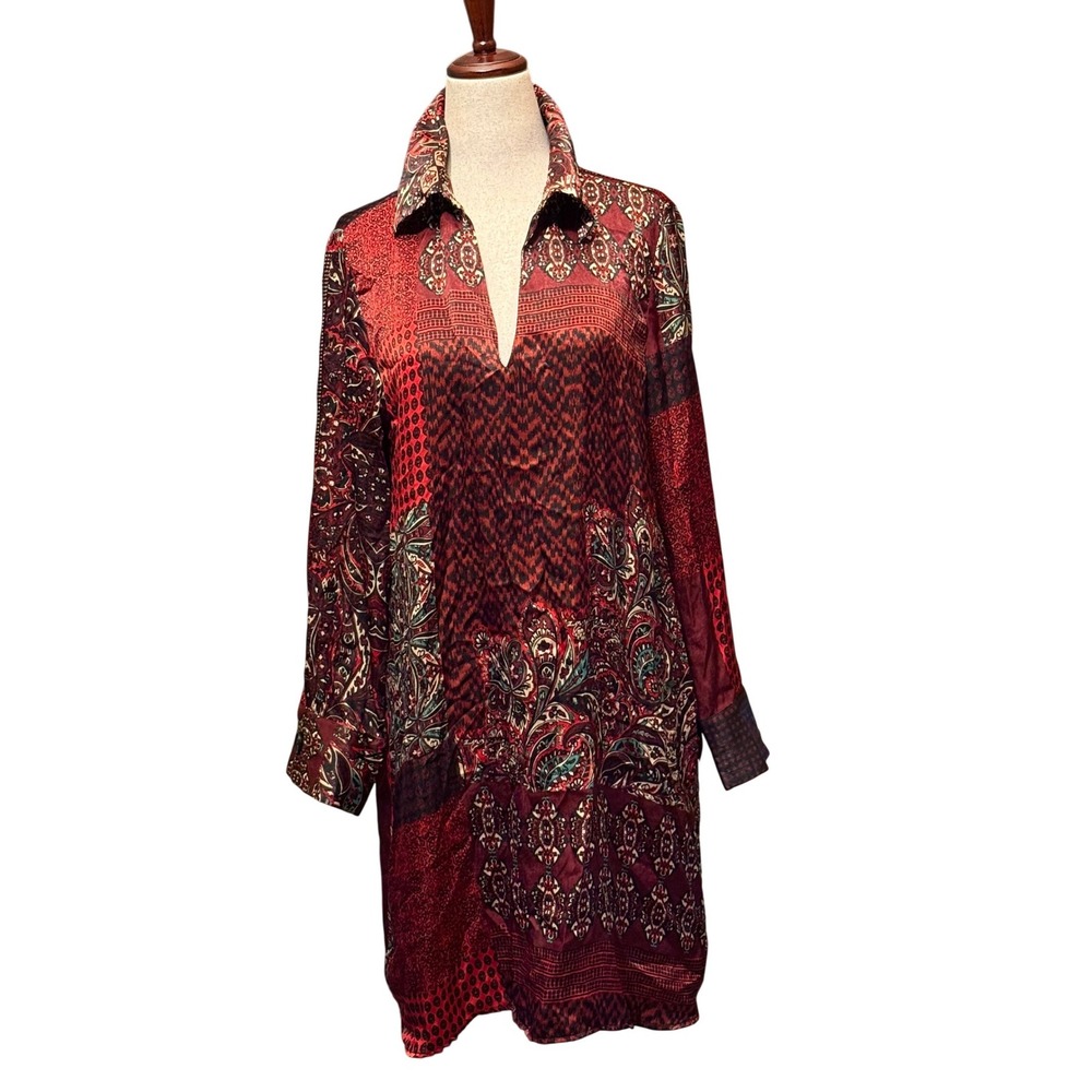 Zara Red Patterned Long-Sleeve Shirt Dress